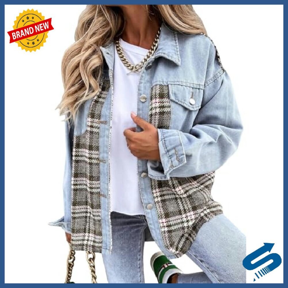 Oversized Denim Plaid Shacket Button Down Long Sleeve Distressed Jacket - Picture 2 of 8